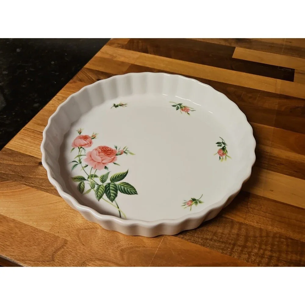 Vintage Christineholm Porcelain Rose Pie/Quiche Baking Dish w/ Scalloped edges